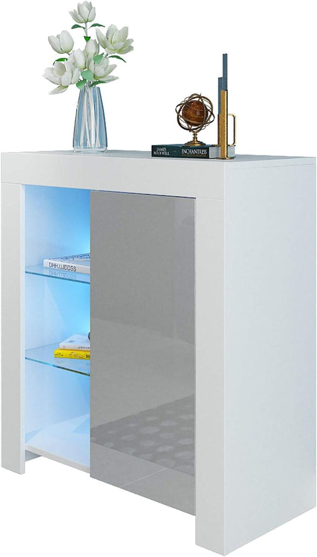 LED Sideboard Cabinet 2 Glass Shelves - Grey Door