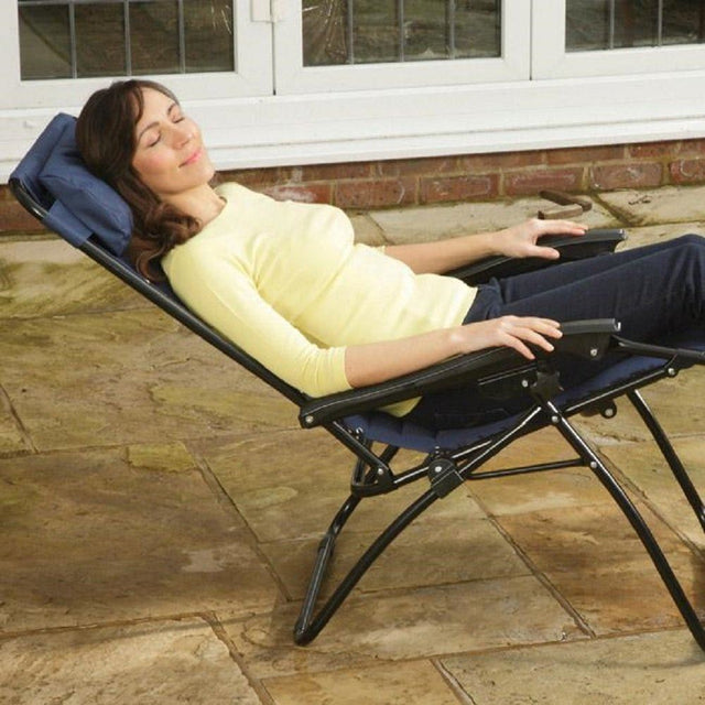 FOLDING GRAVITY SUN LOUNGER CHAIR RECLINER NAVY SET OF TWO
