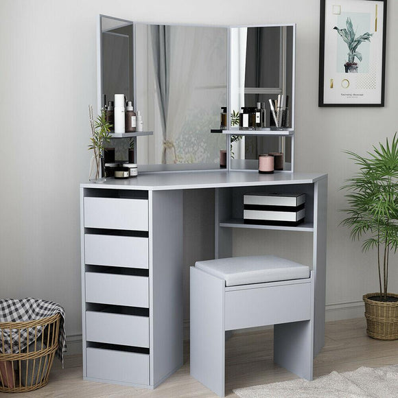 DRESSING TABLE WITH MIRROR +STOOL- GREY