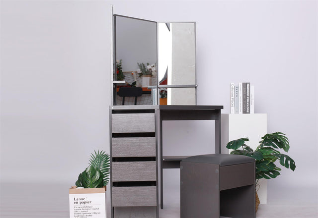 DRESSING TABLE WITH MIRROR +STOOL- DARKGREY