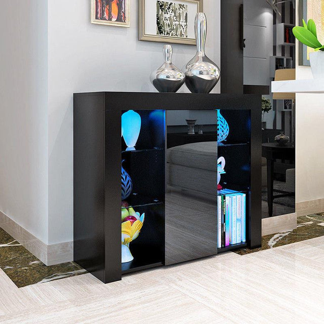 LED Sideboard Cabinet 4 Glass Shelves – Black